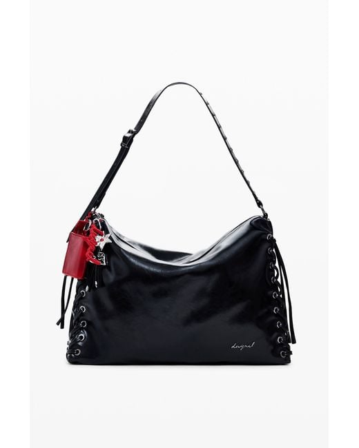 Desigual Black Large Shiny Woven Bag, Polyurethane