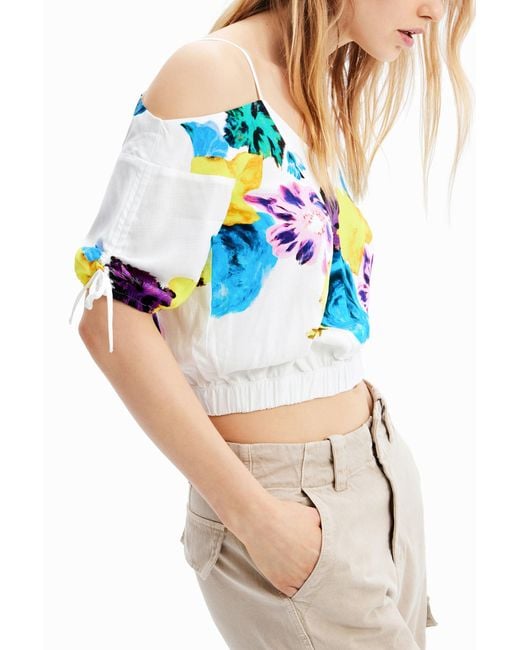 Desigual Blue M. Christian Lacroix Short Gathered Floral Blouse, Viscose