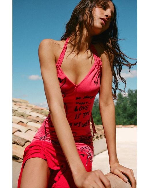 Desigual Red Vintage Halter Lettering Dress, Viscose