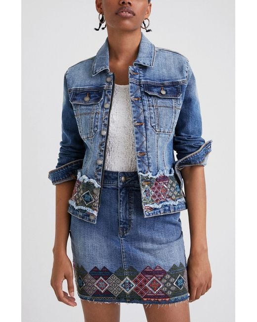 Desigual Blue Denim Jacket With Border, Cotton