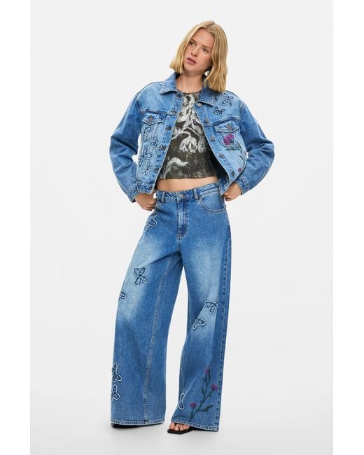Desigual Blue Embroidered Denim Jacket 100% Cotton, Cotton