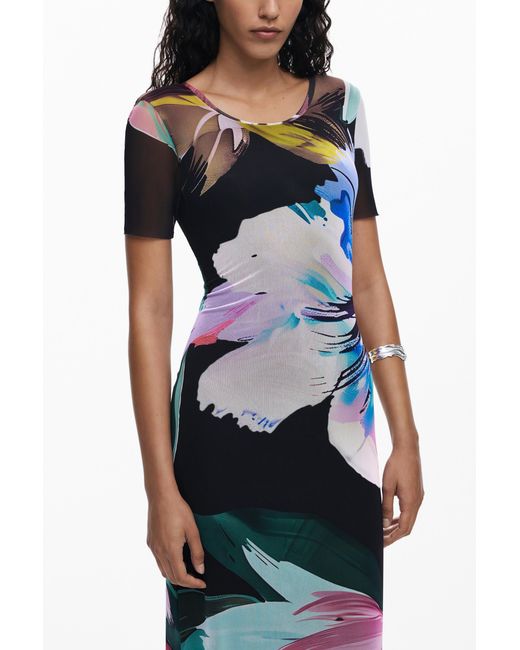 Desigual Black Watercolor Floral Fitted Dress, Polyester