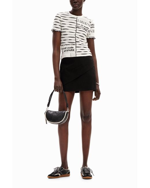 Desigual White Striped Patchwork Newspaper T-Shirt