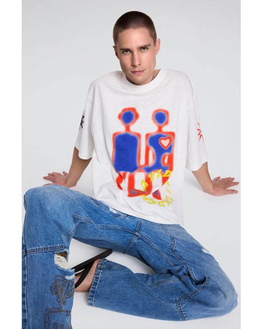 Desigual White Printed T-Shirt With Robots, Cotton for men