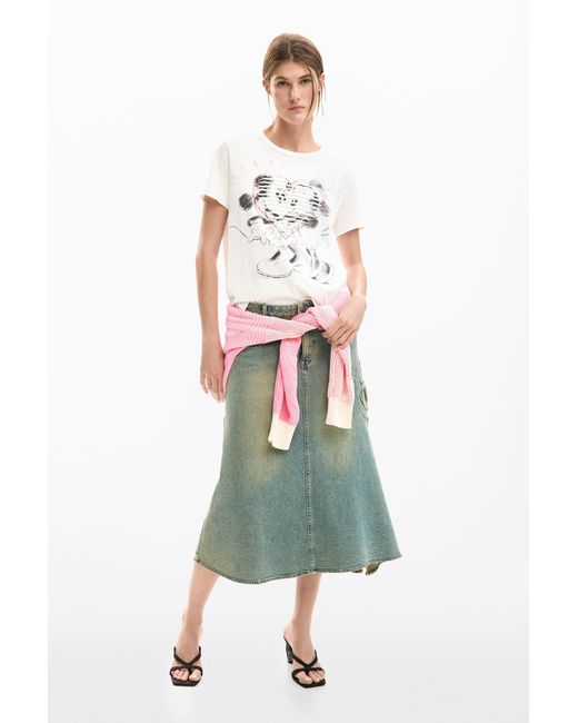 Desigual White Mickey And Minnie Mouse Heart T-Shirt, Cotton