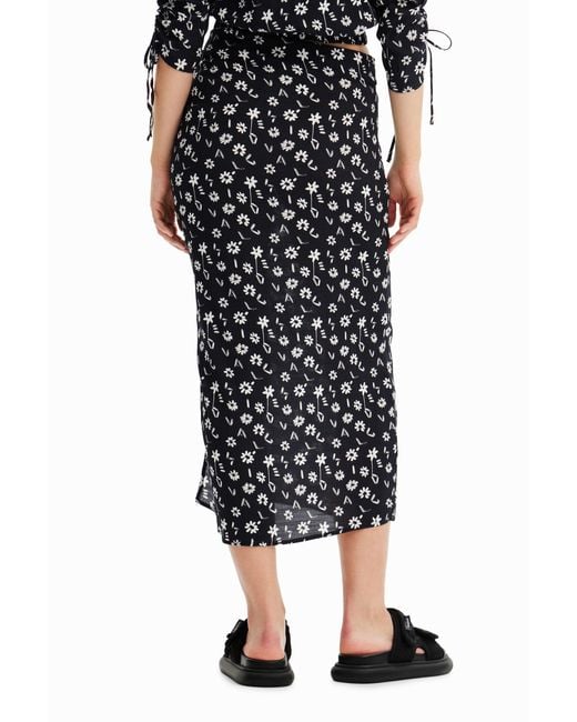 Desigual Black Floral Slit Midi Skirt, Viscose