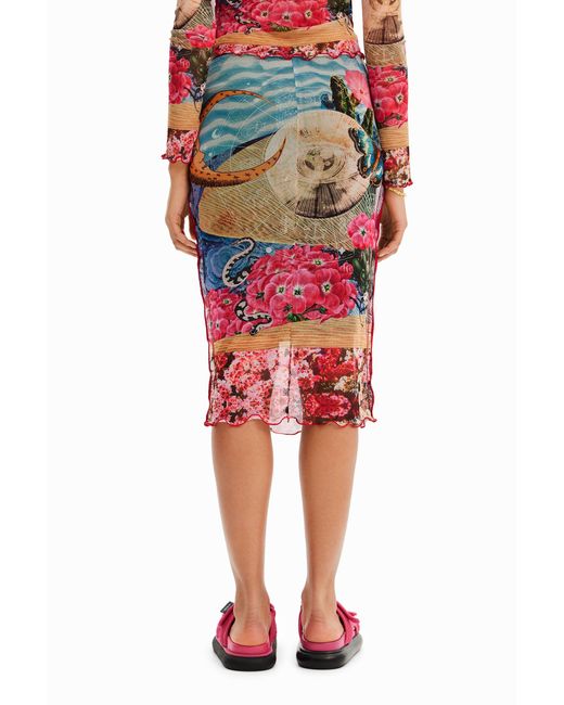 Desigual Red Slim Tulle Midi Skirt, Polyester