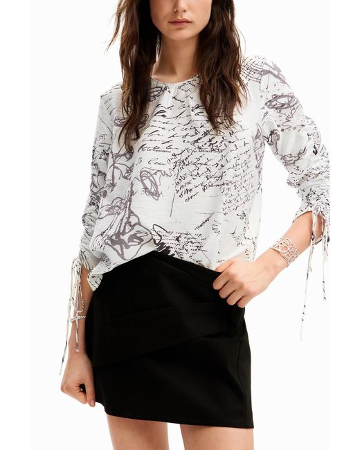 Desigual White Blouse With Adjustable Sleeves And Text Prints