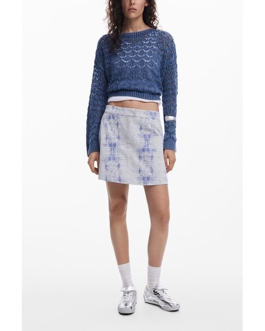 Desigual Blue Cropped Openwork Sweater
