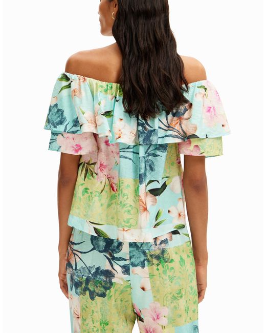 Desigual Blue Floral Ruffled Blouse