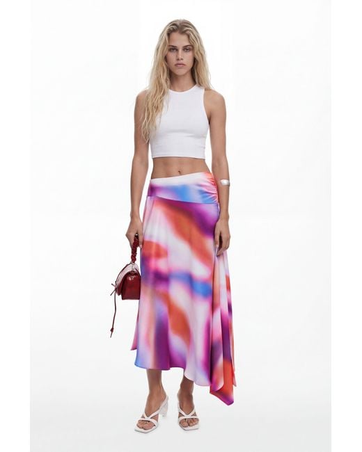 Desigual Pink Asymmetric Long Gradient Skirt, Polyester