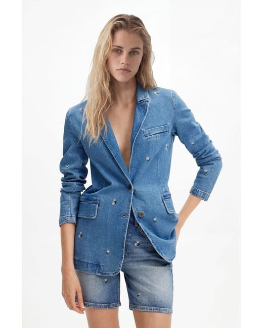 Desigual Blue Denim Blazer With Small Flowers, Cotton