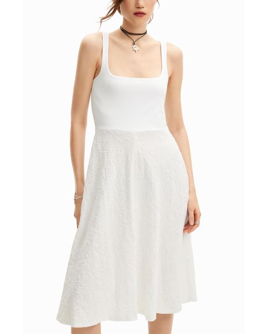 Desigual White A-Line Midi Dress, Cotton