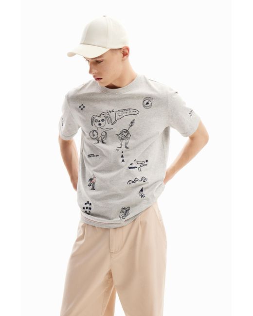 Desigual Gray Embroidered Illustration T-shirt for men