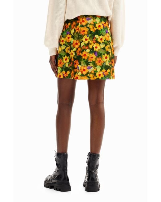 Desigual Yellow Slim Floral Mini Skirt, Cotton