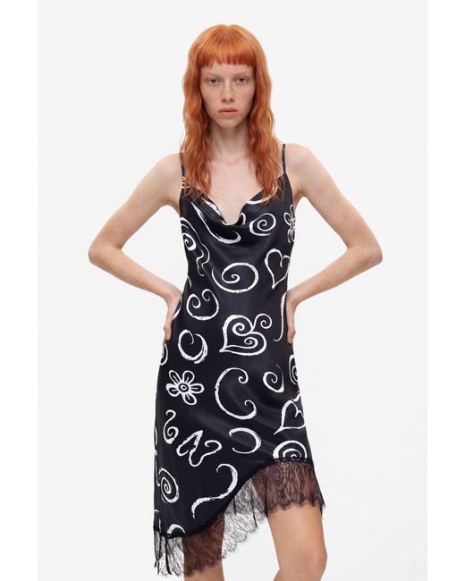 Desigual Black Short Printed Strappy Dress, Viscose