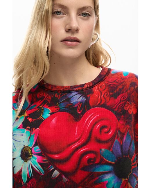 Desigual Red Printed Heart Sweatshirt, Cotton
