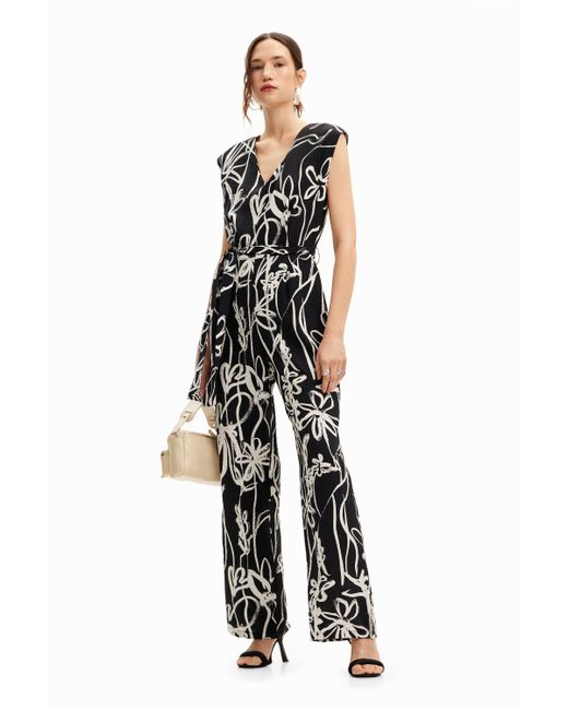 Desigual White Long Jumpsuit With Arty Flowers.