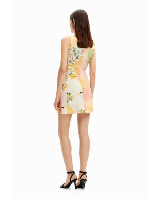 Desigual Metallic Short Dress With Floral Patchwork.