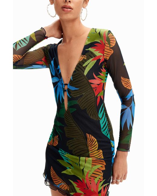 Desigual Blue Tropical Tulle Mini Dress, Polyester