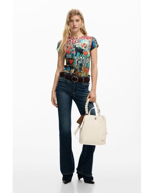 Desigual White Small Backpack With Engravings, Polyurethane