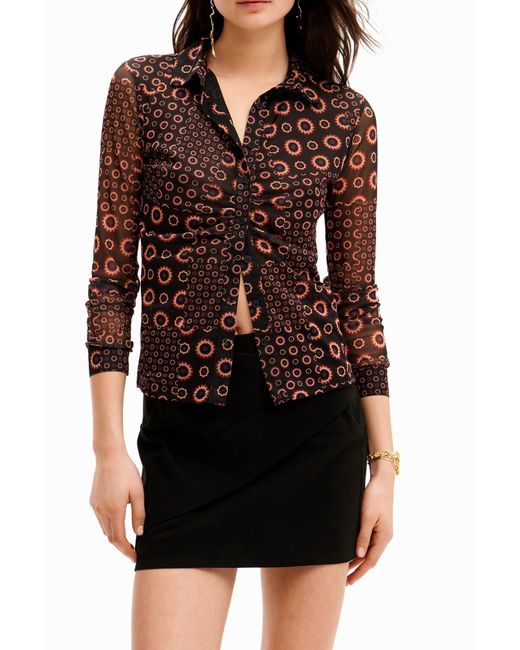 Desigual Brown Patchwork Gathered T-Shirt, Polyester