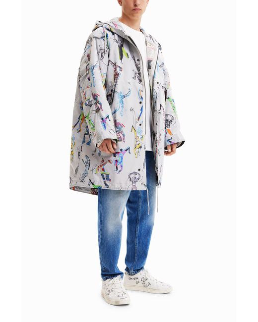 Desigual White Oversize Arty Parka, Polyester for men