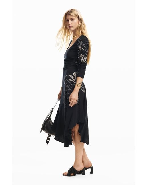 Desigual Black Midi Floral Dress, Viscose