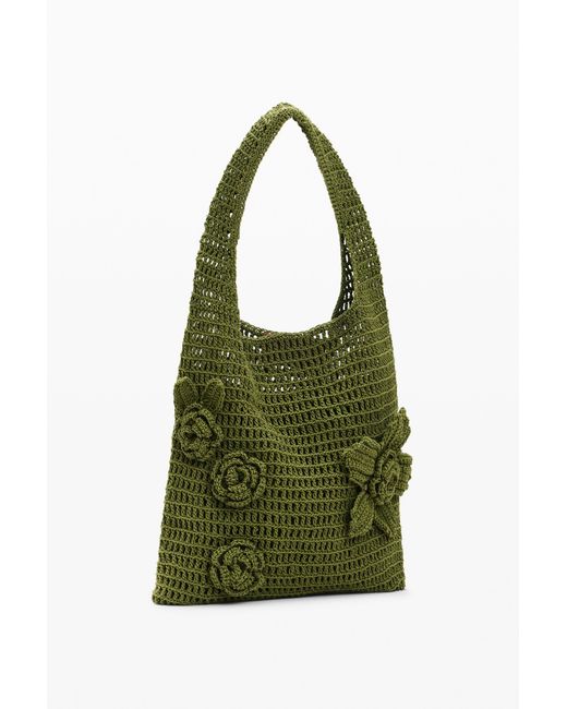 Desigual Green Crochet Bag With Flowers, Cotton