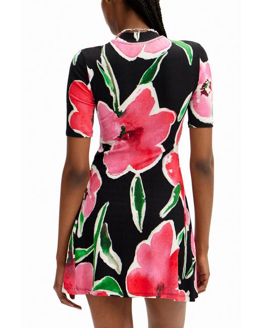 Desigual Red Short Floral Skater Dress, Viscose