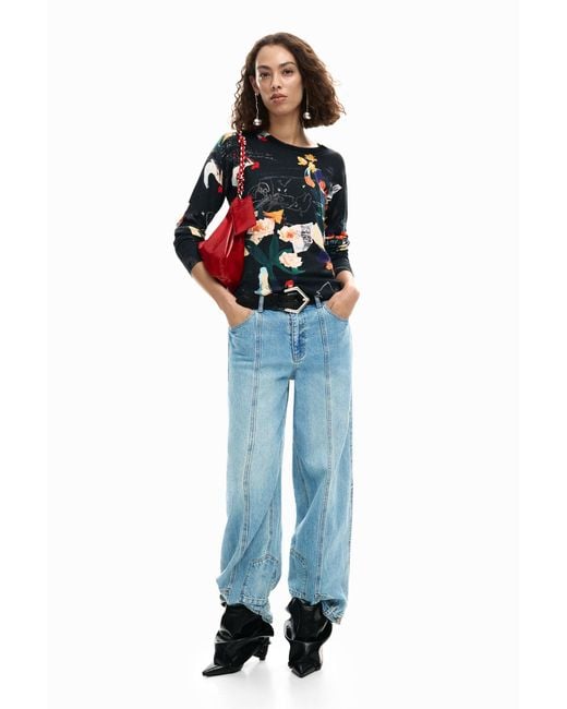 Desigual Blue Thin Sweater Plants