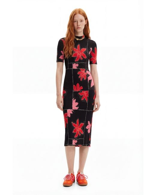 Desigual Red Ribbed Floral Midi Dress, Viscose