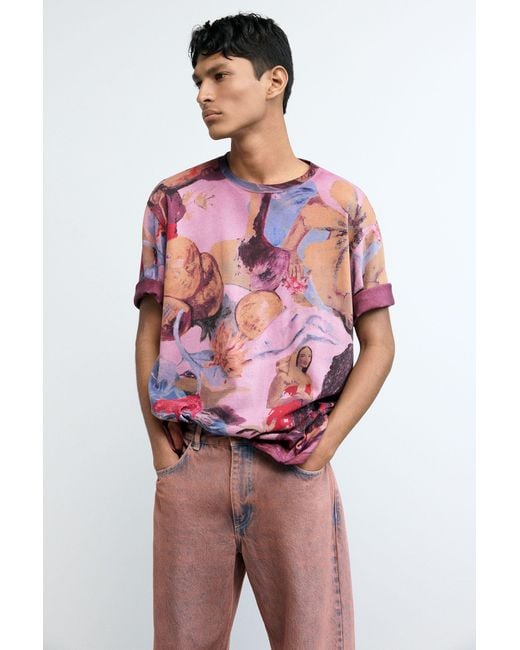Desigual Pink Floral Printed T-Shirt, Cotton for men