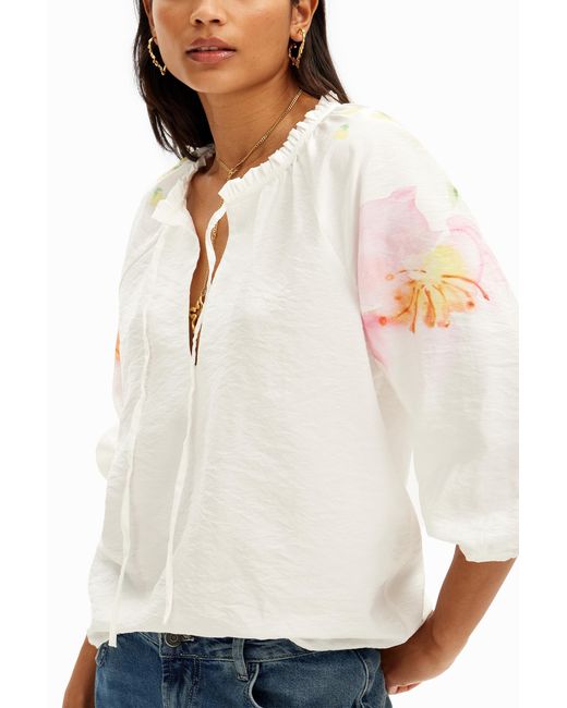 Desigual White Flowy Blouse With Watercolor Floral Print