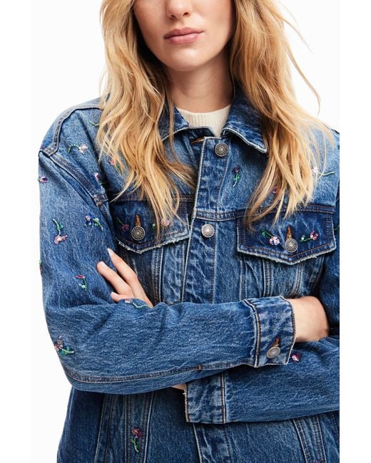 Desigual Blue Floral Denim Trucker Jacket, Cotton
