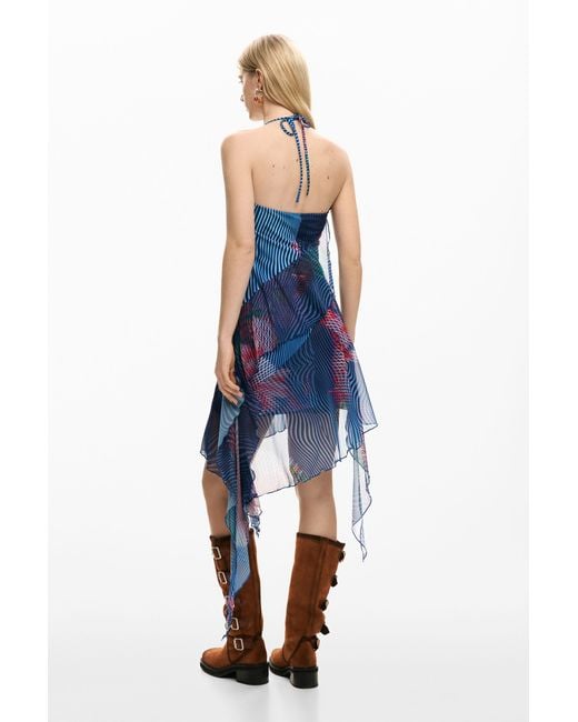 Desigual Blue Pixelated Ruffle Dress, Polyester