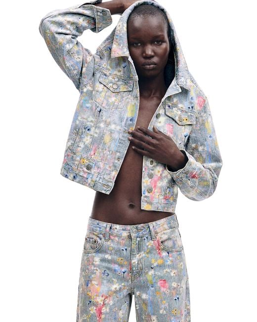 Desigual Blue Printed Denim Jacket, Cotton