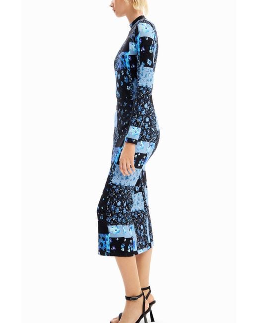 Desigual Blue Floral Ribbed Midi Dress, Viscose