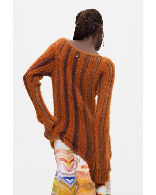 Desigual Brown Ribbed Sweater With Fur