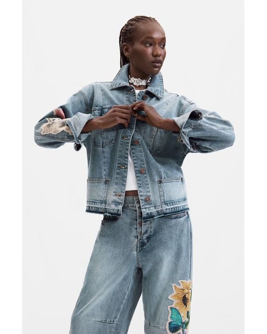 Desigual Blue Embroidered Denim Jacket, Cotton
