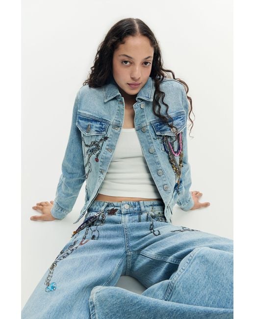 Desigual Blue Printed Denim Jacket, Cotton