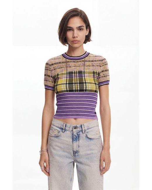 Desigual White Checkered Knit T-Shirt