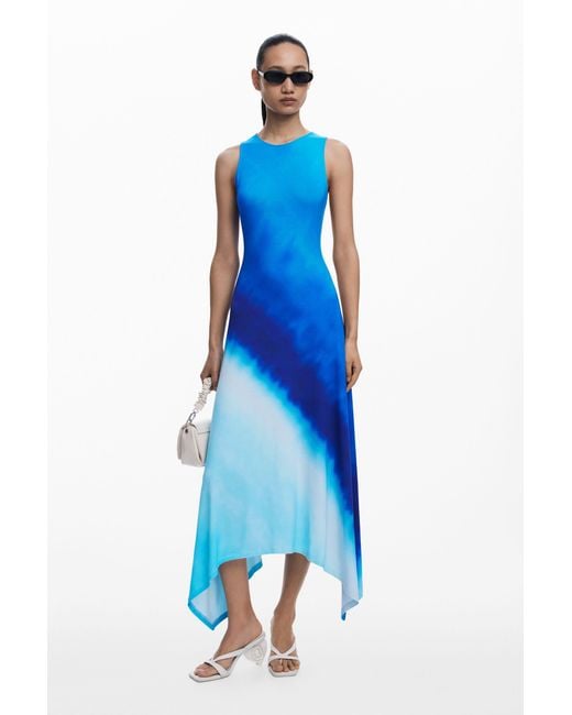 blue tie dye ruched dress Unique Beaded Satin Dress With Lace-Up Back And Leg Slit main image 0
