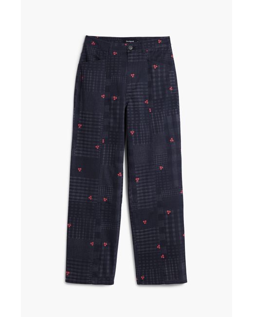 Desigual Blue Checkered And Cherry Pants, Cotton