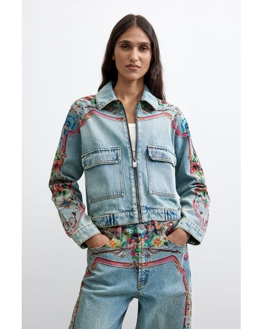 Desigual Blue Embroidered Denim Jacket 100% Cotton, Cotton