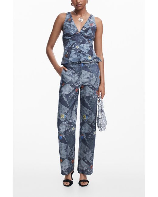 Desigual Blue Embroidered Floral Patch Tank