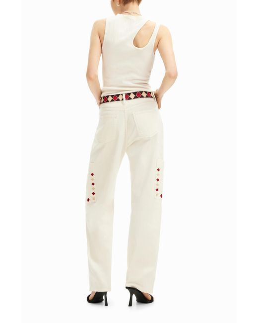 Desigual White Cropped Denim Pants With Diamond-Shaped Edges. Cotton