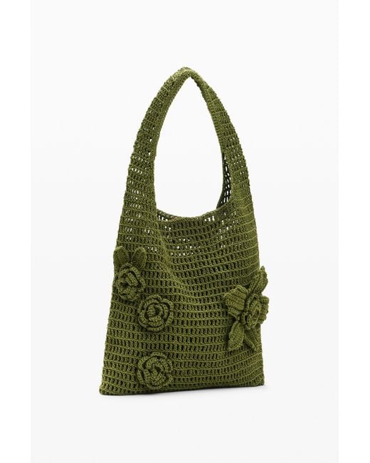 Desigual Green Crochet Bag With Flowers, Cotton