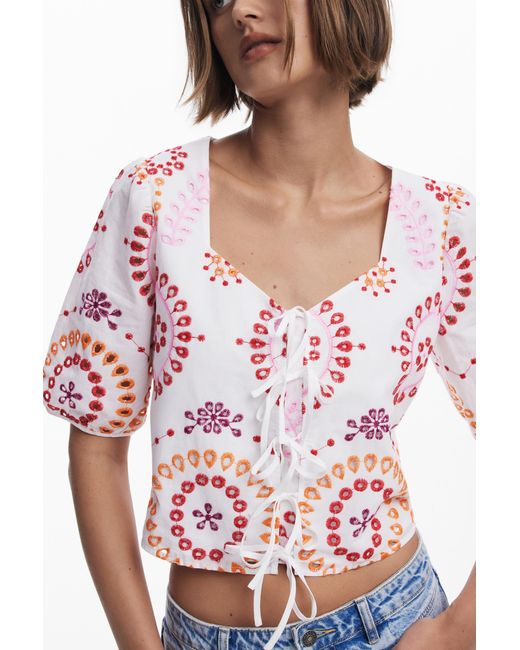 Desigual White Boho Printed Blouse With Bows, Cotton