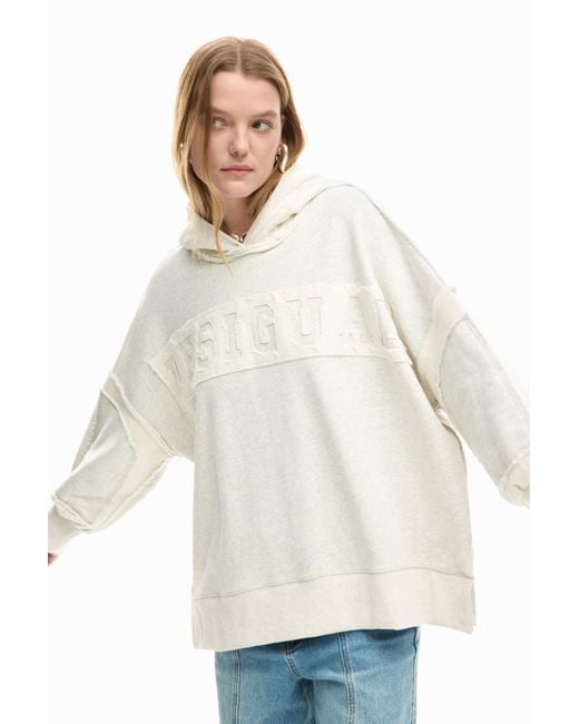 Desigual White Oversize Sweatshirt With Hood, Cotton